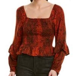 Brown Animal Print Smocked Long Sleeve Top Size M